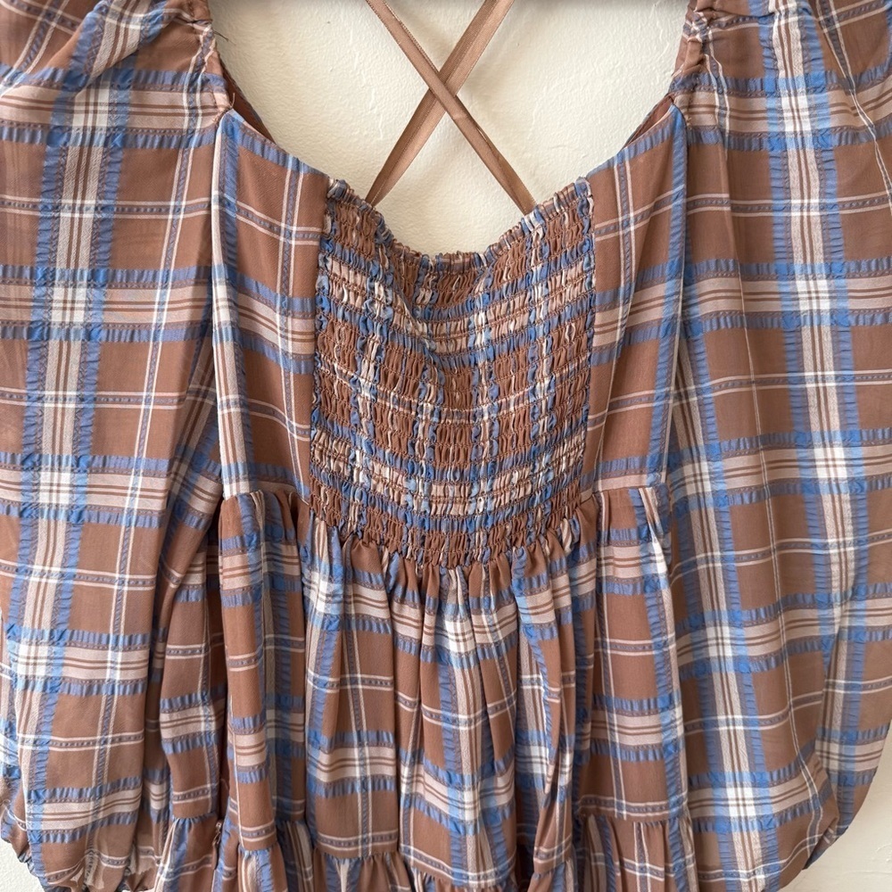 Brown Blue Plaid Babydoll Mini Dress Coquette Gianni Bini NWT S - Picture 6 of 9